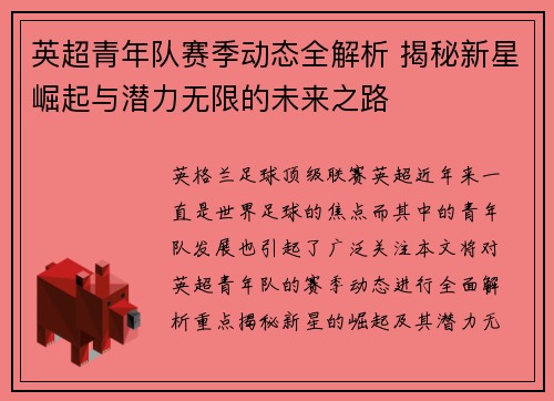 英超青年队赛季动态全解析 揭秘新星崛起与潜力无限的未来之路