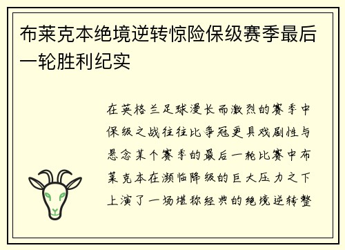 布莱克本绝境逆转惊险保级赛季最后一轮胜利纪实 布莱克本绝境逆转惊险保级赛季最后一轮胜利纪实