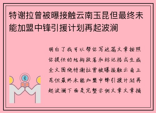 特谢拉曾被曝接触云南玉昆但最终未能加盟中锋引援计划再起波澜